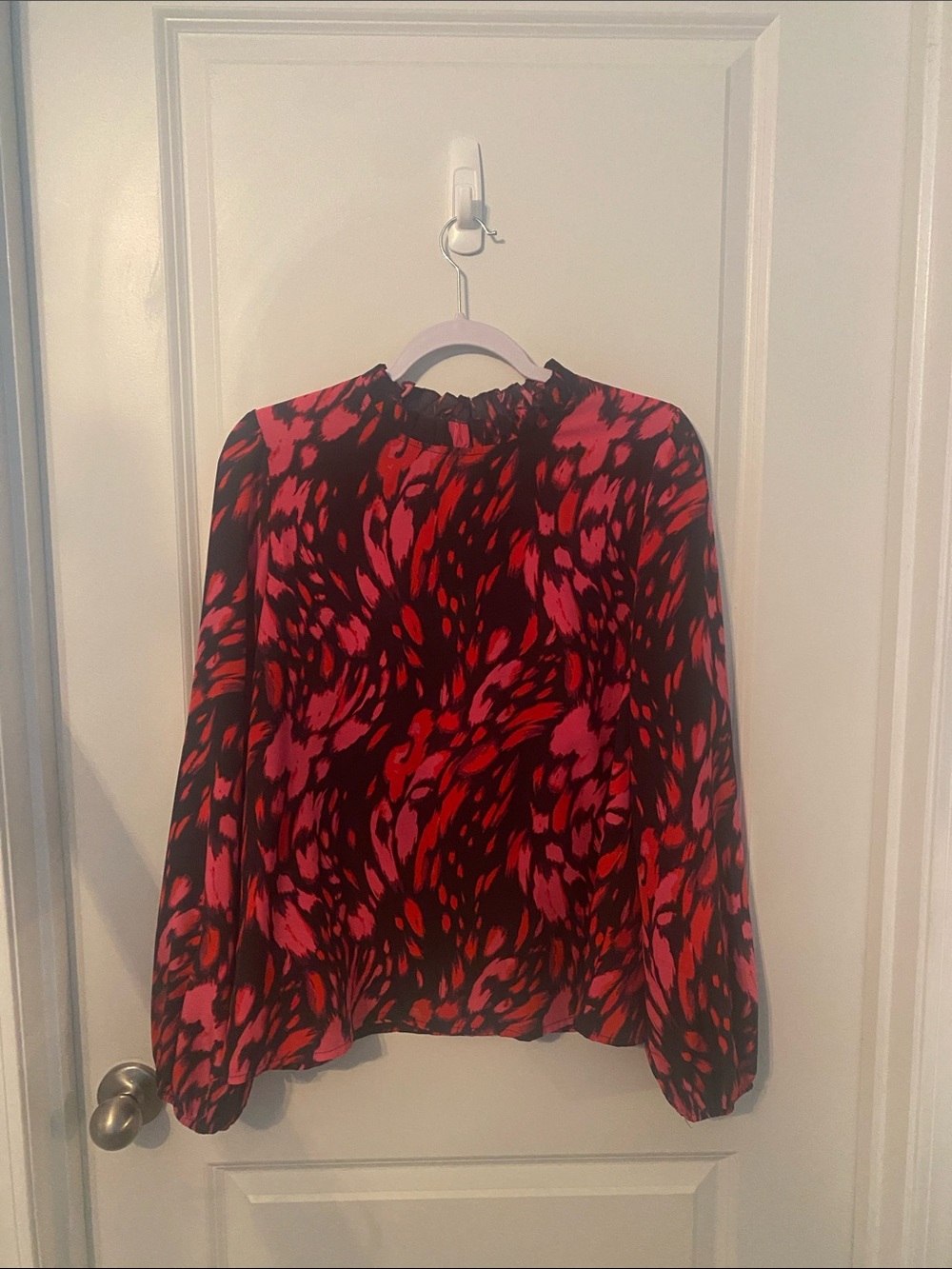 Long-Sleeve Red & Pink Printed Ruffle-Neck Blouse